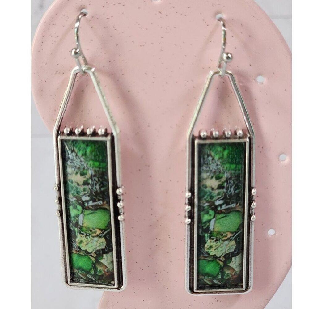 Boho Earrings Green Gray and Black Mottled Faux Stone Silver Tone Metal